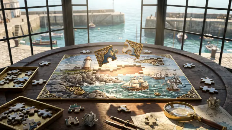 Interlocking painted porcelain and brass jigsaw pieces coming together on a circular oak chart-table to form a coastal lighthouse relief map.